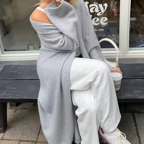 Grey Casual Women's V-Neck Buttonless Super Loose Long-Sleeved Knitted Cardigan - Picture 3 of 8